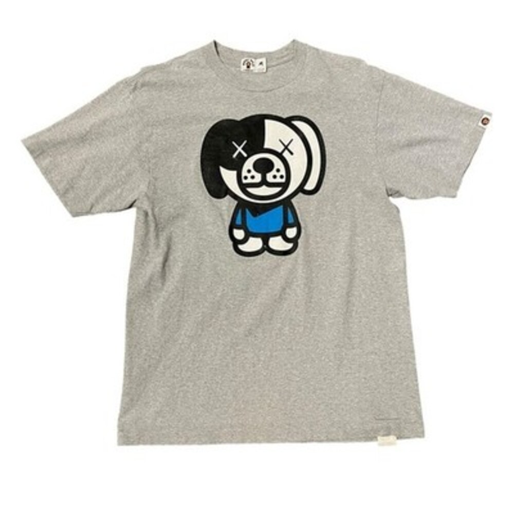 BAPE x KAWS Gray Graphic T-Shirt with Dog Design, Size M, Vintage Streetwear